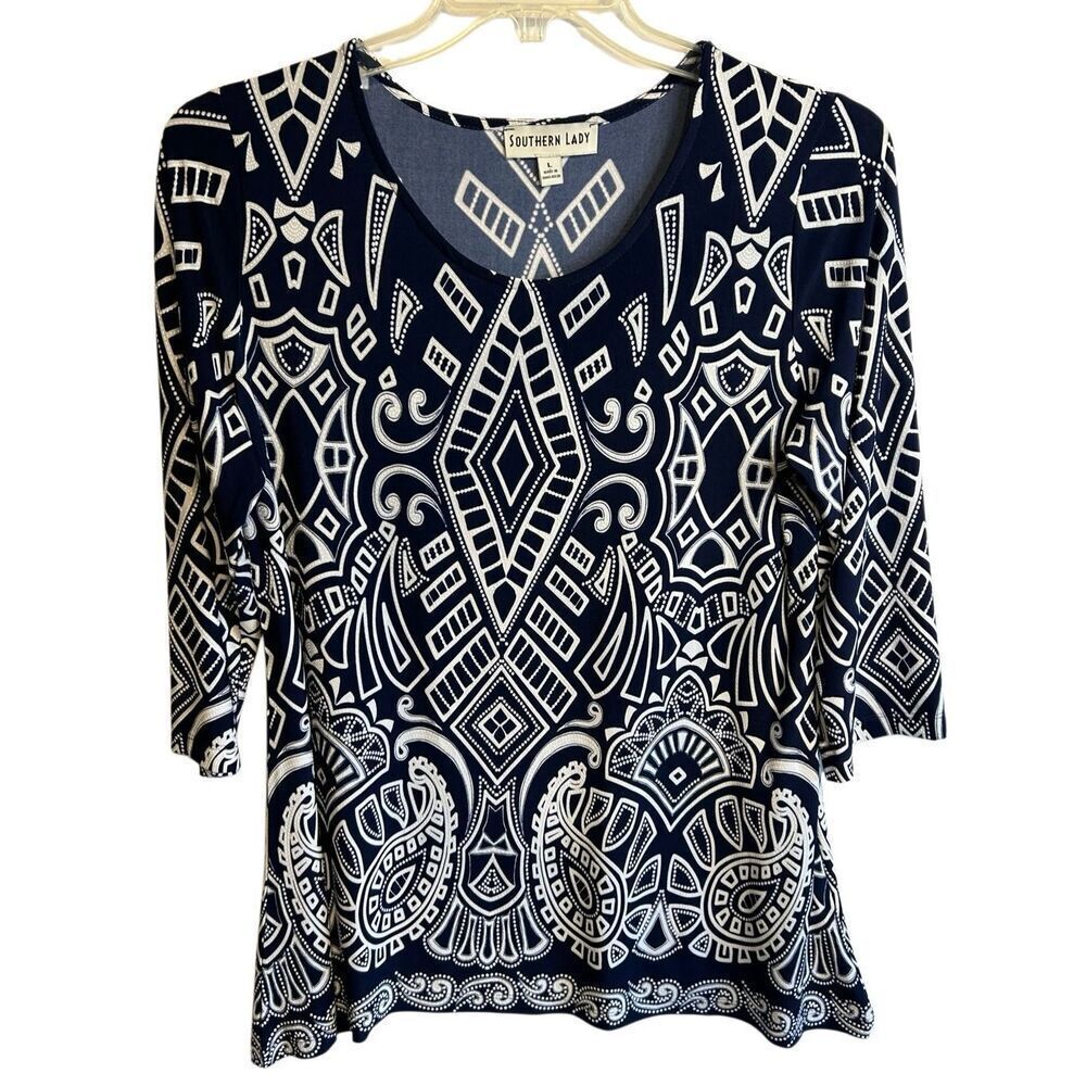 Southern Lady Navy Blue White Geometric Print 3/4 Sleeve Career Top Size L